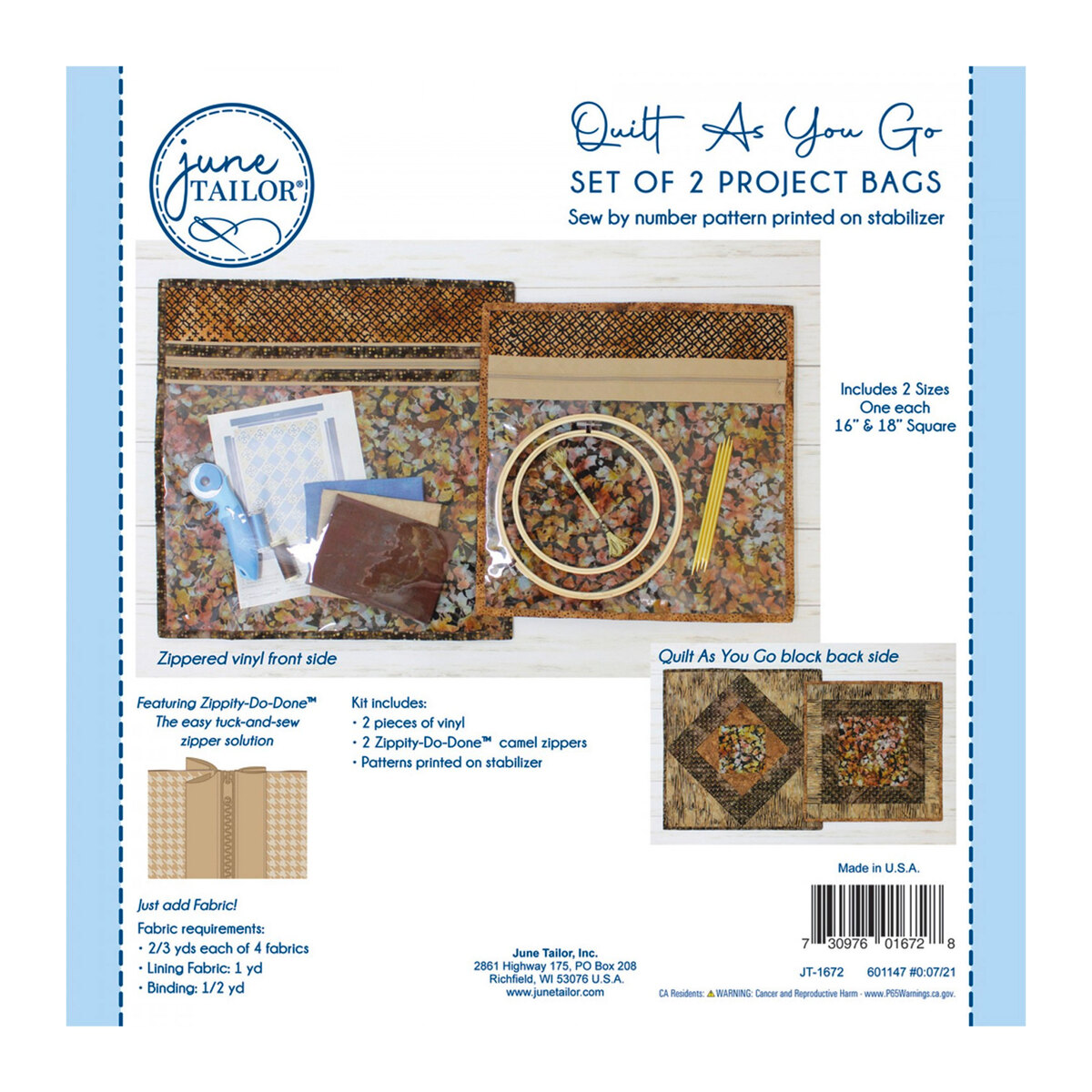 Quilt As You Go Set of 2 Project Bags - Camel Zipper